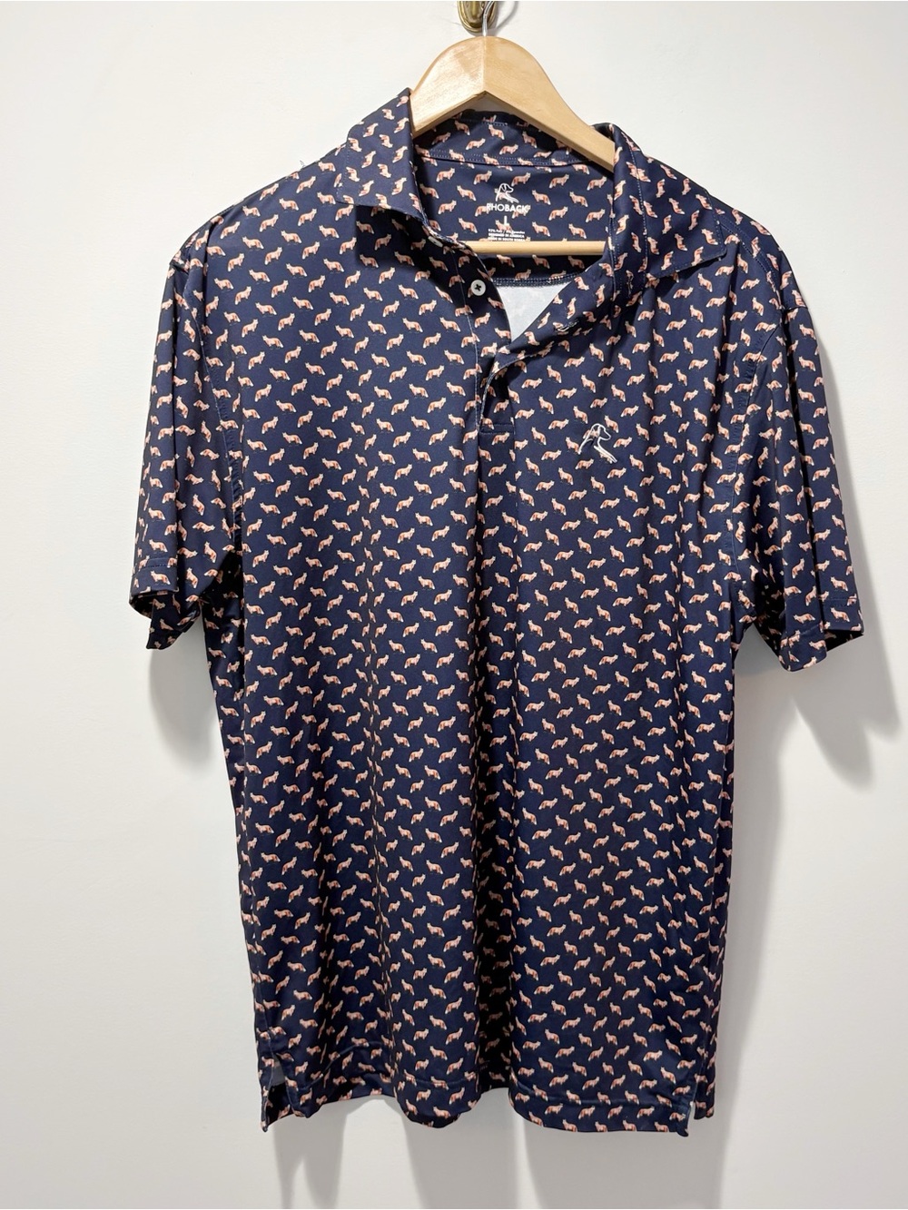 Rhoback The Foxes Performance Polo Size Large Rare Vaulted Print Fox Navy Blue